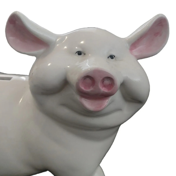 Vintage 90s White Smiling Pig Piggy Bank with pink nose, pink ears, cork stopper - Picture 6 of 9